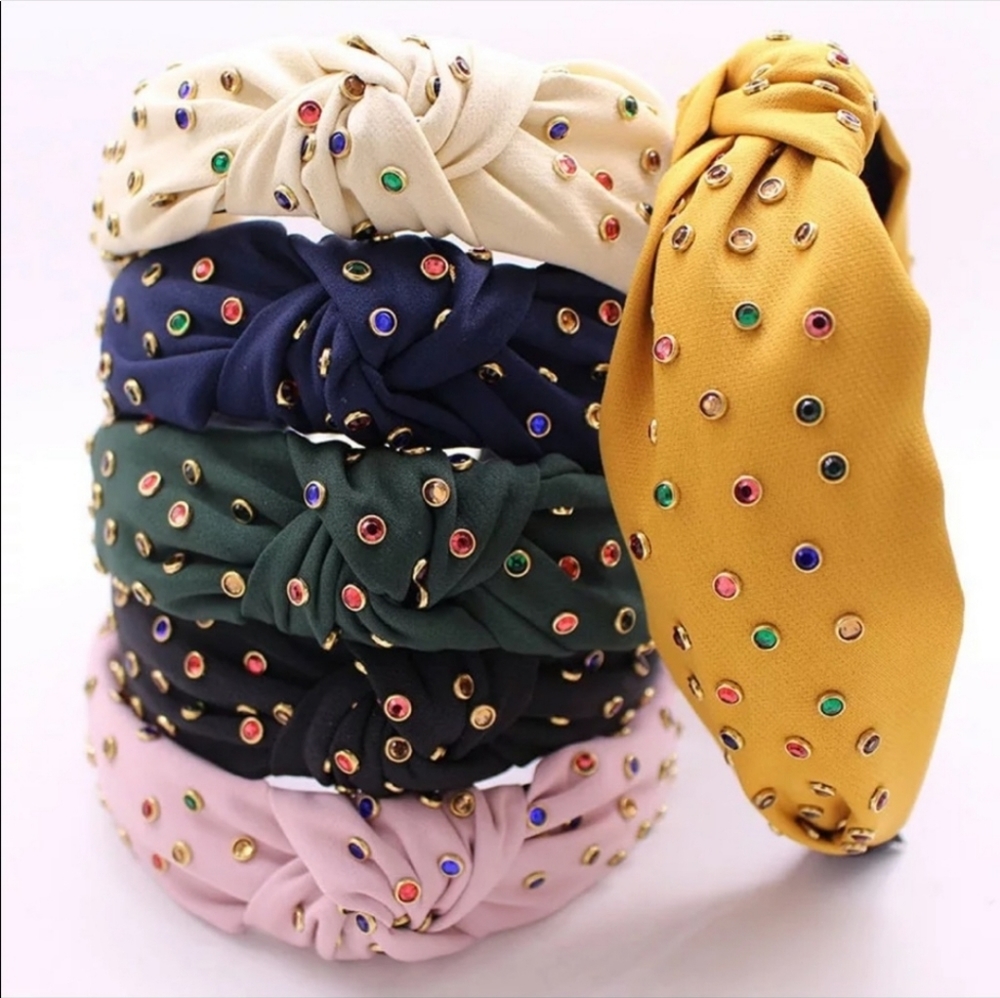 BLACK knotted headband multicolor rhinestones crystals gold rimmed stones gems - Picture 1 of 5